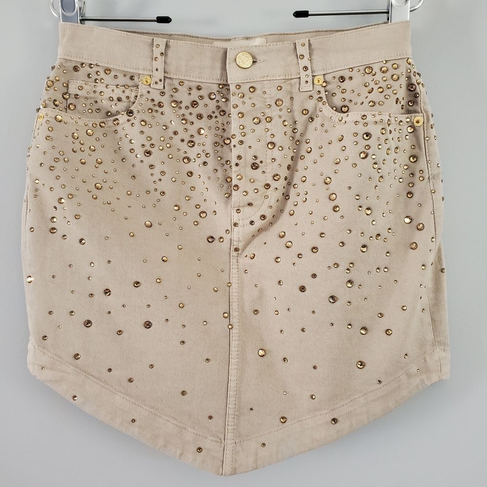 Alexandre Vauthier Strass Rhinestone Button Fly Denim Skirt In Khaki Size 29
